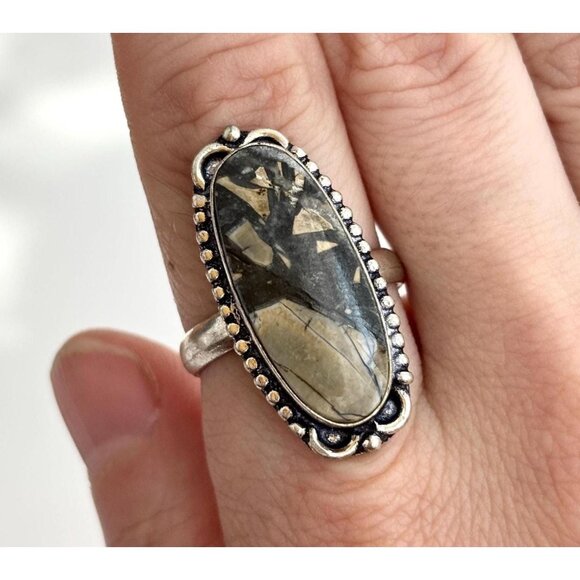 Picasso Jasper Stone Southwest Cabochon Sterling Silver Vintage Ring - sz 10 - Picture 1 of 7